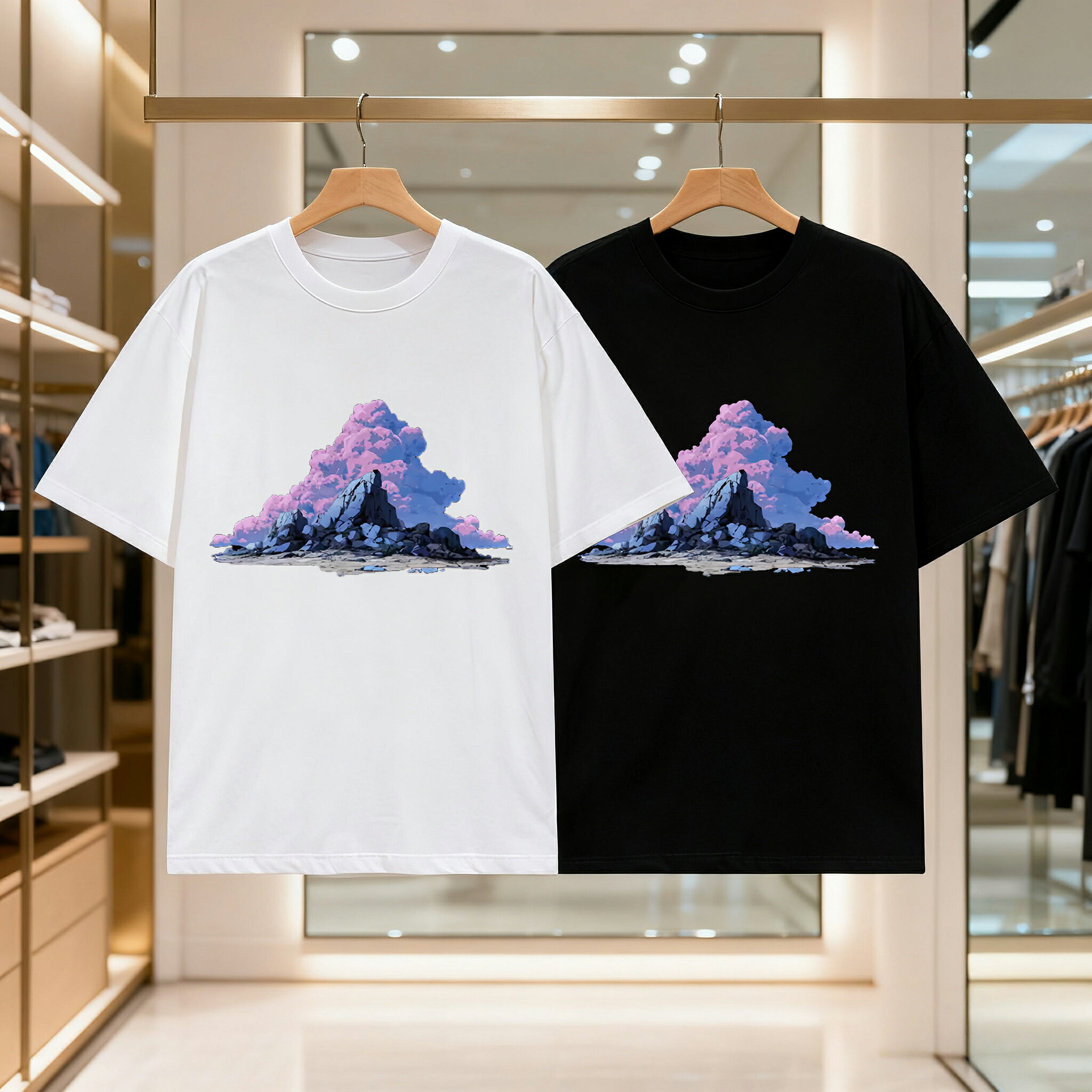 乐天商城 - 山と雲の風景画 メンズ レディース ブラック 黒 ホワイト 白 トップスカジュアル シンプル Tシャツ 半袖