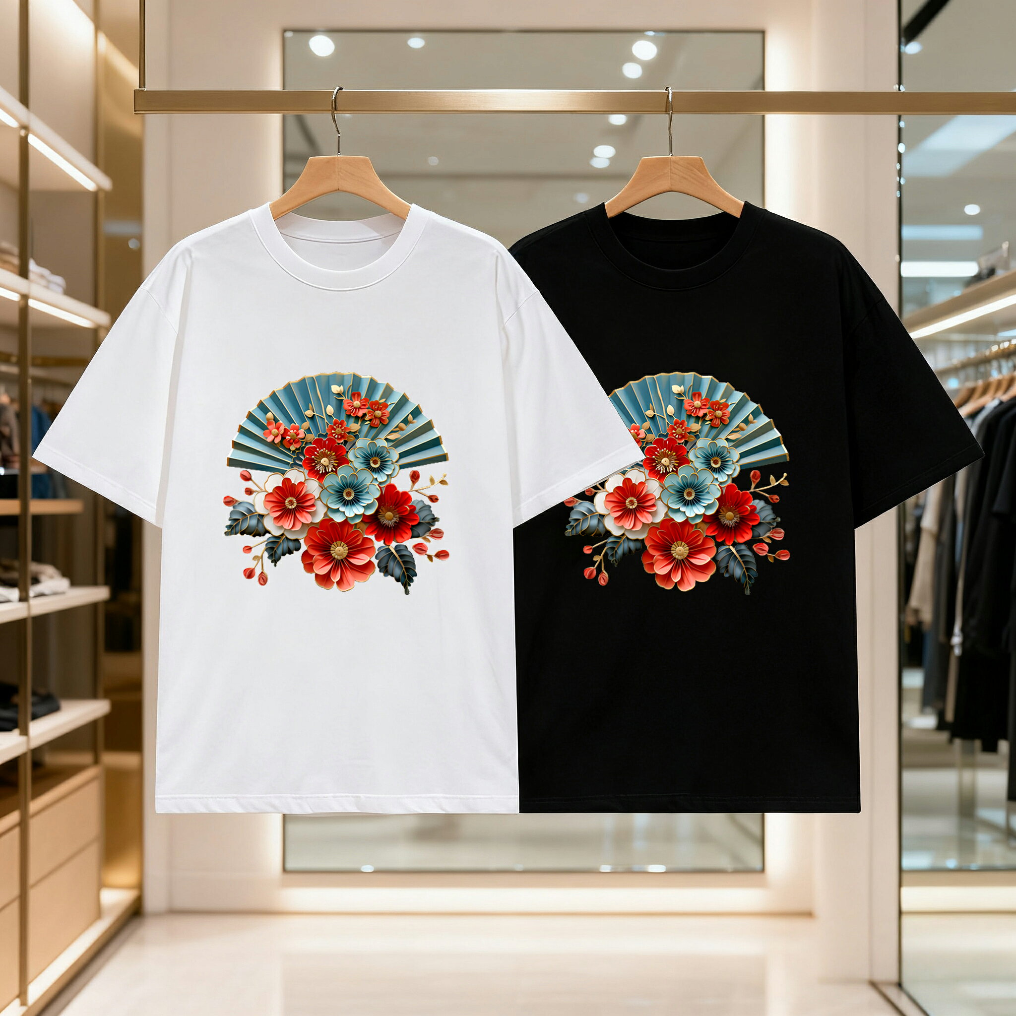 乐天商城 - 水彩コーラルの夏の楽しみジニアの扇子 メンズ レディース ブラック 黒 ホワイト 白 トップスカジュアル シンプル Tシャツ 半袖