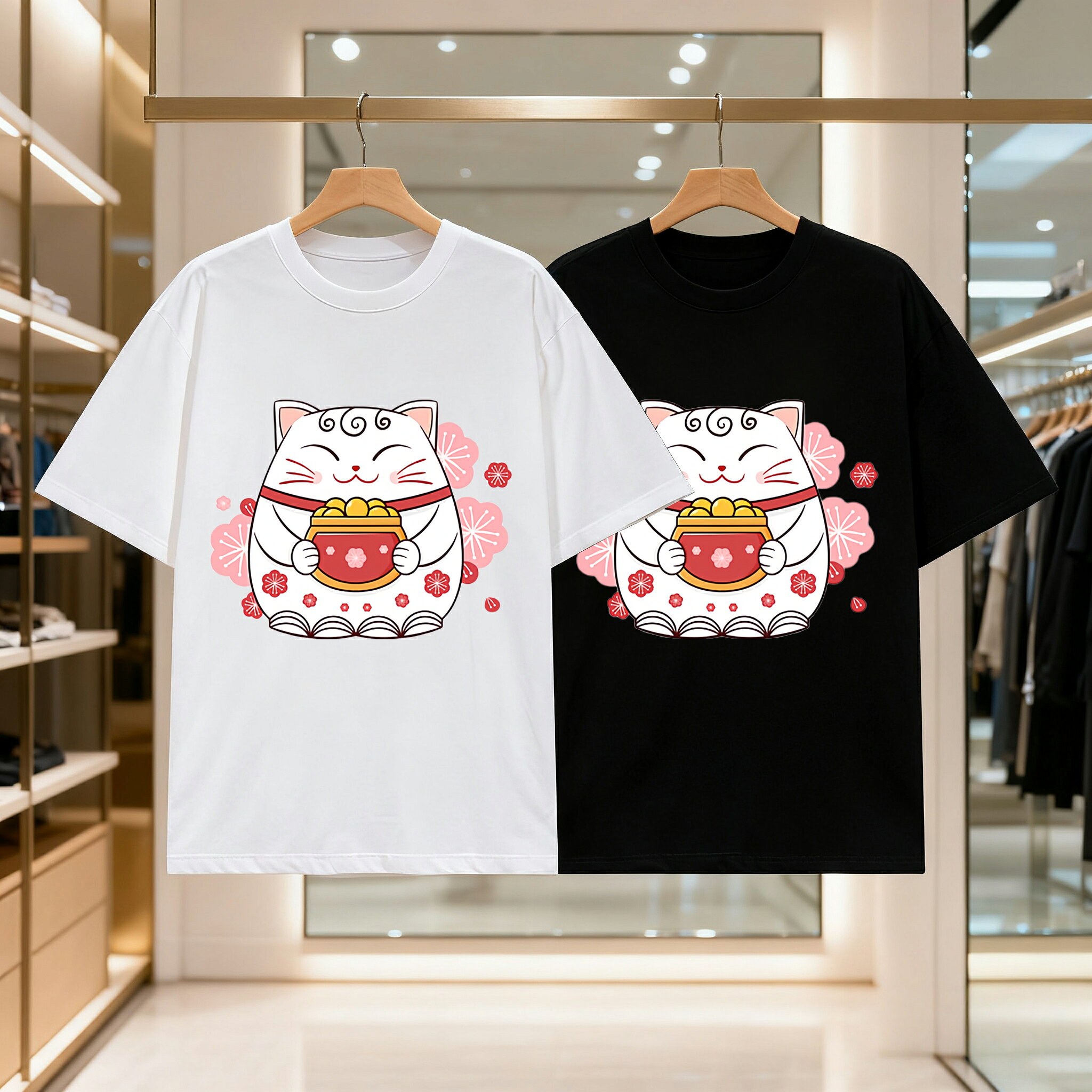乐天商城 - かわいい桜招き猫 メンズ レディース ブラック 黒 ホワイト 白 トップスカジュアル シンプル Tシャツ 半袖