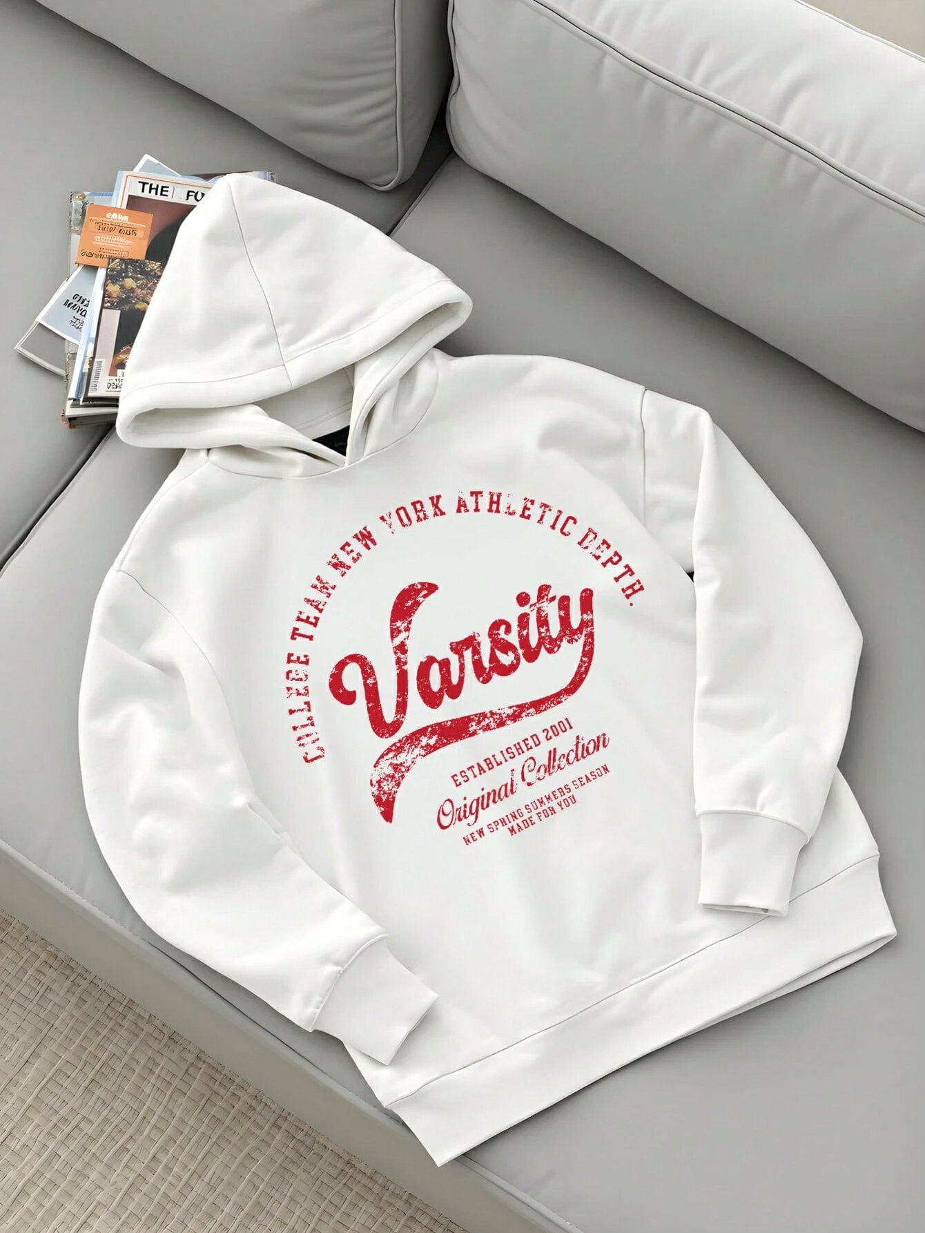 乐天商城 - ビンテージアメリカンスタイル レッド 英字ロゴ グラフィック ルーズフィット 厚手プルオーバーパーカー メンズ