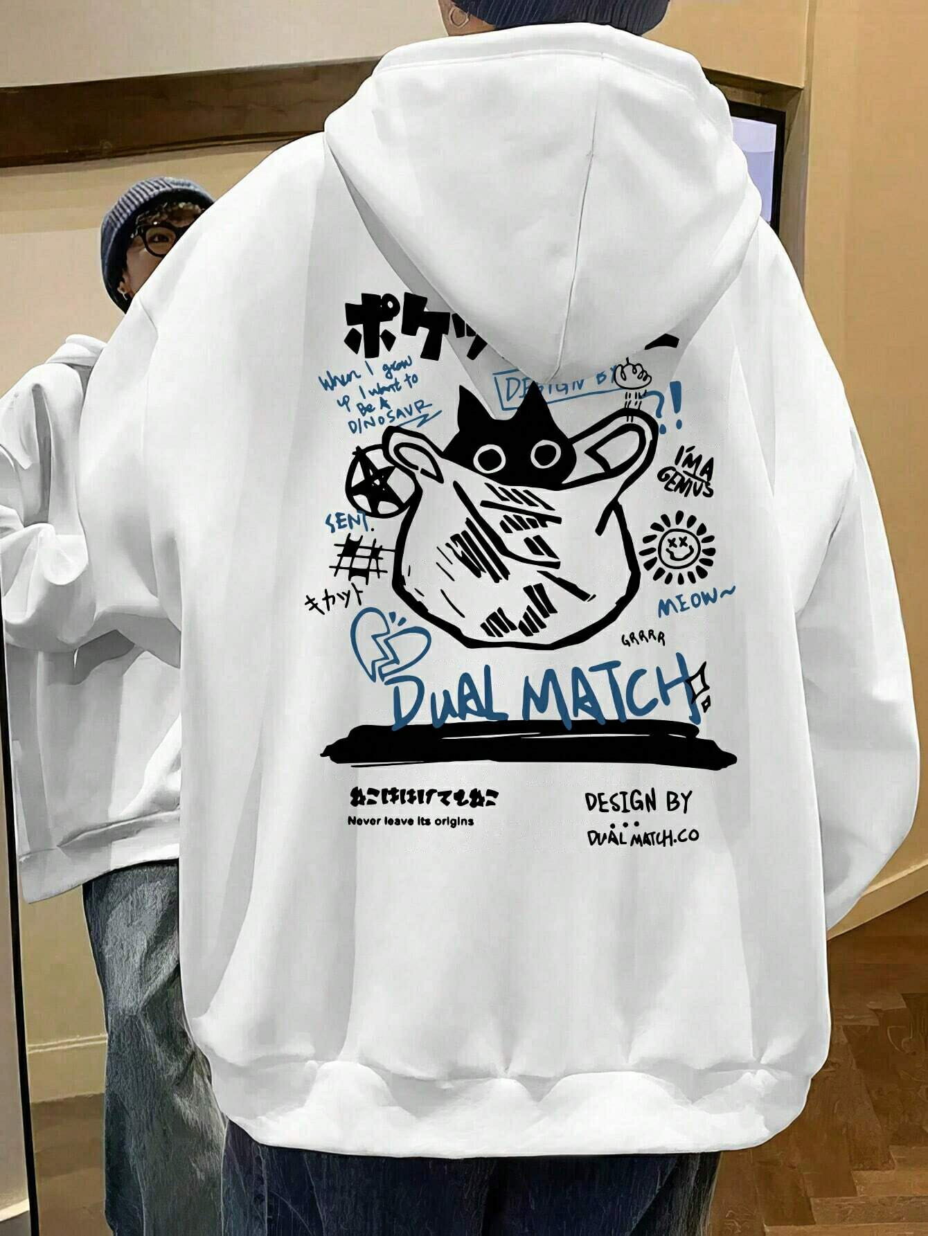 乐天商城 - メンズ カットグラフィック プリント カジュアル プルオーバー フリース フーデッド スウェットシャツ、秋冬