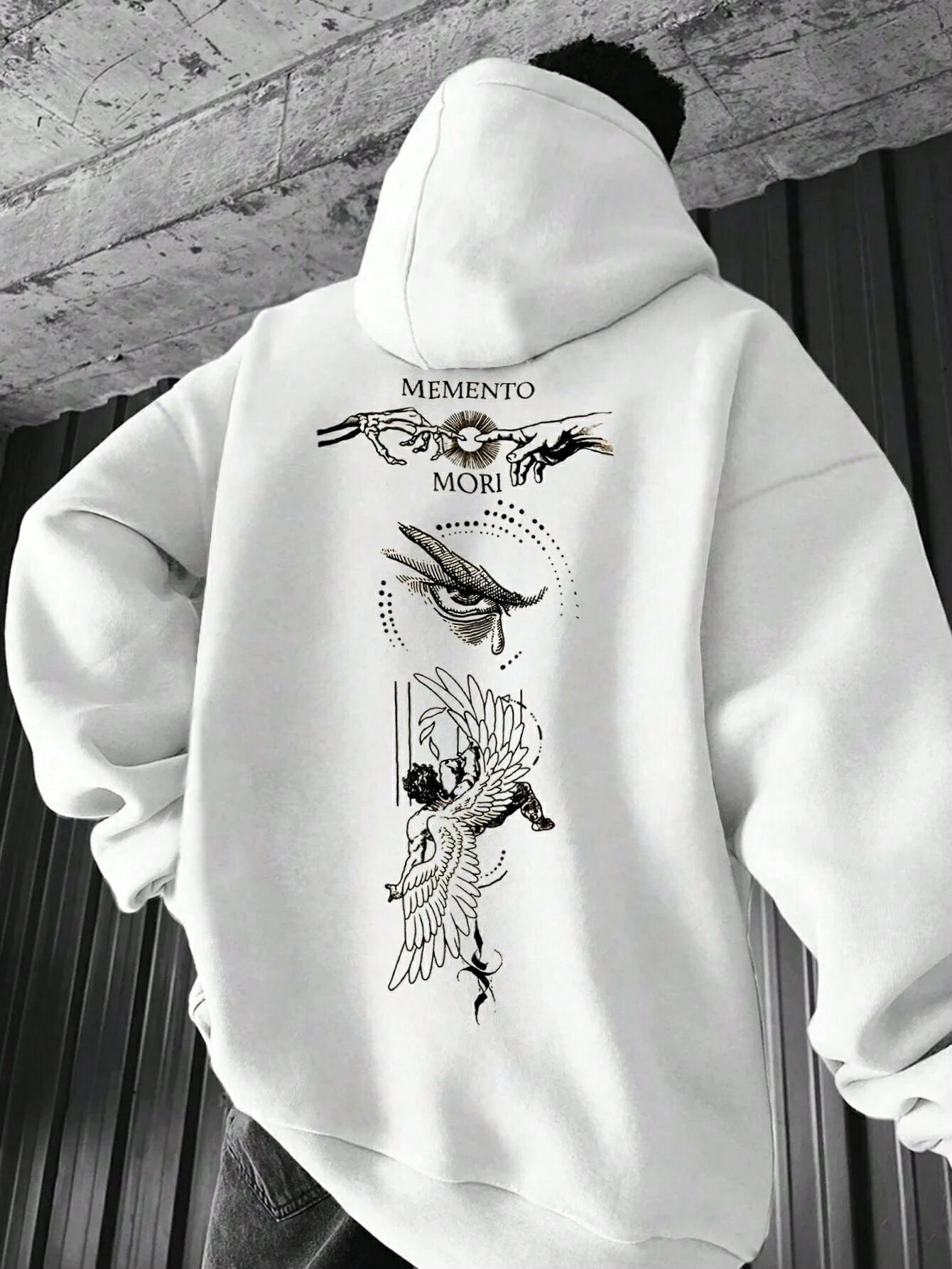 メンズカジュアルストリートエンジェル&レタープリントドロップショルダールーズポケットドローストリングパーカー、サーマルライニング、秋冬