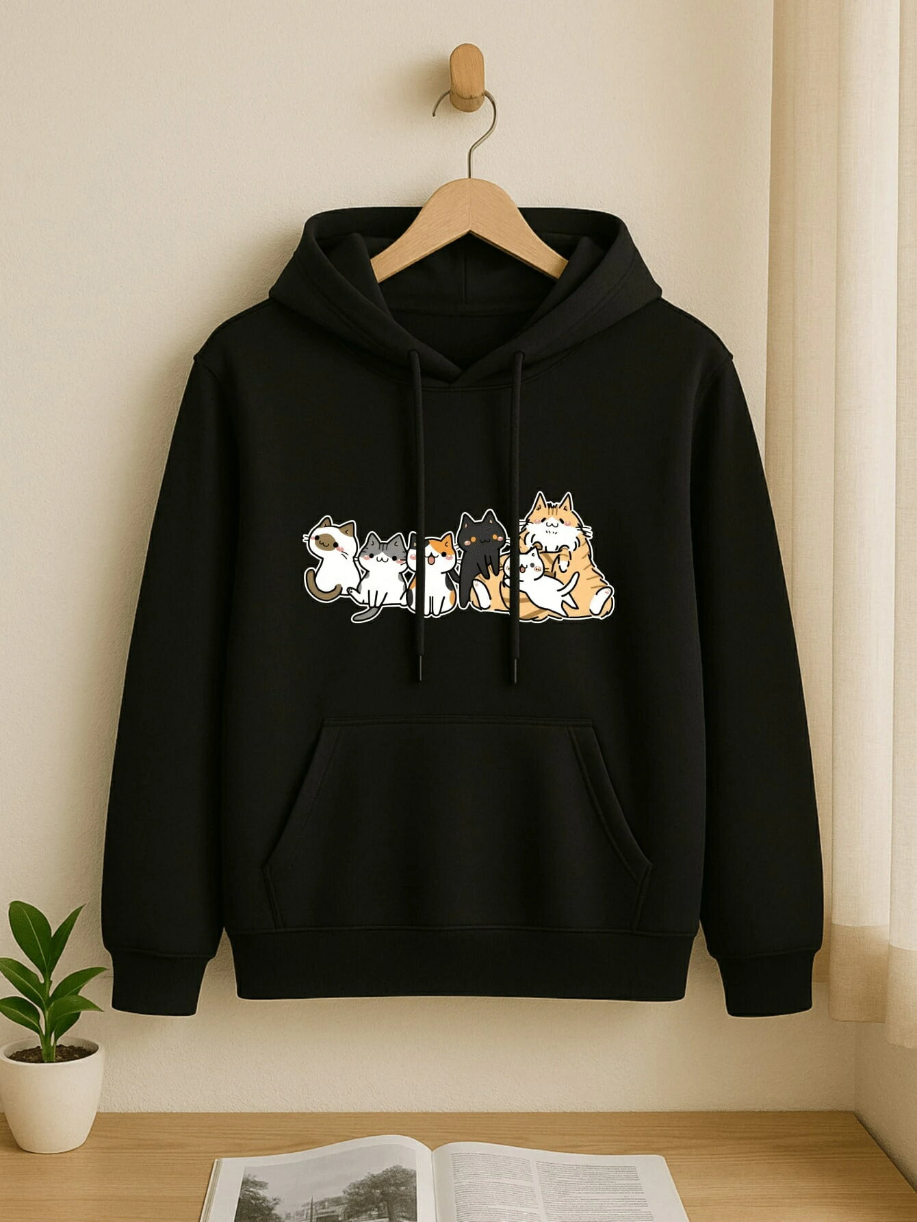 乐天商城 - メンズパーカー ストリートウェア 人気デザイン 純コットン - たくさんの猫たちプリント - 猫好きや可愛らしいスタイルを好む方の日常着やカジュアル外出に最適 個性的で愛らしい雰囲気 300g 純コットンで肌触り良好 フード付きで着心地抜群...