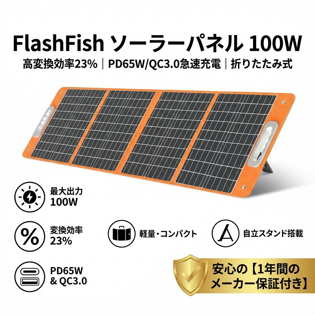 【1年保証付き★FlashFish★送料無料】【高変換効率23%】FlashFish ソーラーパネル 100W 折りたたみ式 単結晶 ソーラーチャージャー DC18V/USB-C PD65W/USB-A QC3.0 急速充電 太陽光パネル 自立スタンド付 軽量 薄型 スマホ ノートPC ポータブル電源充電 防災グッズ 停電対策