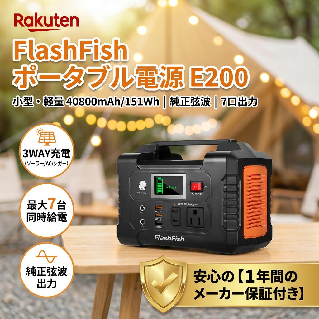 【1年保証付き★FlashFish★送料無料】【楽天ランキング1位獲得】FlashFish ポータブル電源 E200 大容量 40800mAh/151Wh AC(200W) 純正弦波 USB-C PD 7台同時出力 小型 軽量 1.85kg 蓄電池 家庭用 停電対策 防災グッズ 地震 台風 車中泊 キャンプ ソーラー充電対応 1年保証