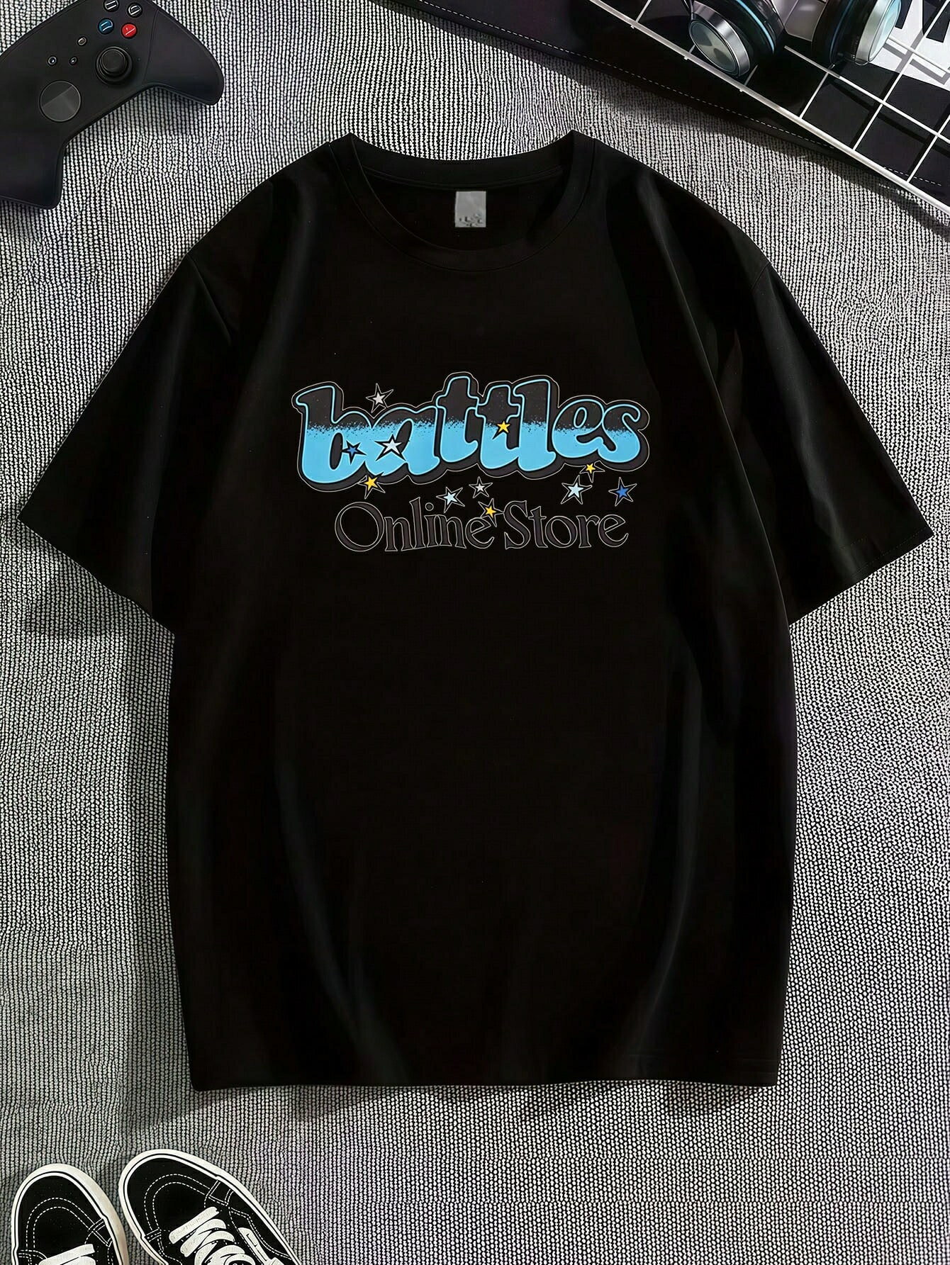 高品質の新製品男女兼用黒バトルス 半袖Tシャツ 星柄文字プリント ストリートカジュアル メンズ_ユニセックス