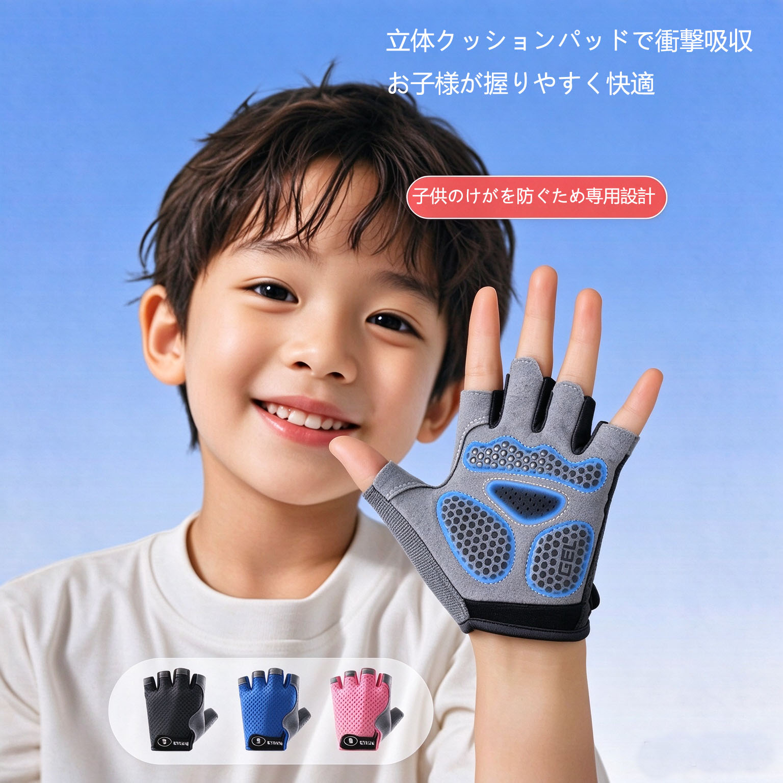 ✅商品特徴 ・シリコン滑り止め加工：手のひらのグリップ力を高め、汗で滑るのを抑えます ・立体緩衝パッド：転んだ時の衝撃を吸収、手のひらの擦り傷を防止 ・メッシュ通気生地：通気性に優れ、長時間着用してもムレにくい ・ハーフフィンガーデザイン：指先の細かい動作を妨げません ・伸縮素材：手にフィットし、着脱が簡単 📏商品仕様 【商品名】子供用半指スポーツグローブ 【素材】ポリエステル 【タイプ】ハーフフィンガー（半指） 【カラー】グレー・ブルー・ピンク 【サイズ】 M：3～6 歳推奨 L：6～12 歳推奨 【対象年齢】2～15 歳 【性別】男女兼用 【重量】約 40g / 組 【用途】サイクリング、ローラースケート、クライミング、鉄棒、ハイキング、各種屋外スポーツ ⚠注意事項 ※手作業測定のため、寸法に若干の誤差が生じる場合がございます。 ※強い衝撃を完全に防ぐものではありません。お子様の運動時には安全にご配慮ください。 ※洗濯の際は手洗いを推奨、乾燥機の使用はお控えください。✅商品特徴 ・シリコン滑り止め加工：手のひらのグリップ力を高め、汗で滑るのを抑えます ・立体緩衝パッド：転んだ時の衝撃を吸収、手のひらの擦り傷を防止 ・メッシュ通気生地：通気性に優れ、長時間着用してもムレにくい ・ハーフフィンガーデザイン：指先の細かい動作を妨げません ・伸縮素材：手にフィットし、着脱が簡単 📏商品仕様 【商品名】子供用半指スポーツグローブ 【素材】ポリエステル 【タイプ】ハーフフィンガー（半指） 【カラー】グレー・ブルー・ピンク 【サイズ】 M：3～6 歳推奨 L：6～12 歳推奨 【対象年齢】2～15 歳 【性別】男女兼用 【重量】約 40g / 組 【用途】サイクリング、ローラースケート、クライミング、鉄棒、ハイキング、各種屋外スポーツ ⚠注意事項 ※手作業測定のため、寸法に若干の誤差が生じる場合がございます。 ※強い衝撃を完全に防ぐものではありません。お子様の運動時には安全にご配慮ください。 ※洗濯の際は手洗いを推奨、乾燥機の使用はお控えください。