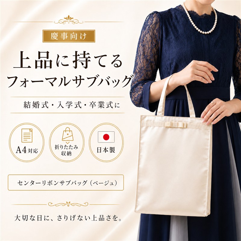 Rakuten - サブバッグ フォーマル A4 日本製 慶事 ベージュ リボン おしゃれ 結婚式 入学式 卒業式 お呼ばれ トートバッグ 折りたたみ 軽量 マグネット ポケット パーティー ママ レディース 送料無料