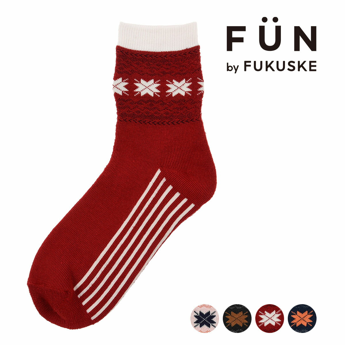 福助 靴下 レディース 福助 公式 靴下 クルー丈 レディース fukuske FUN あったか 雪柄 つま先かかと補強 総パイル 3262-25L婦人 女性 フクスケ fukuske