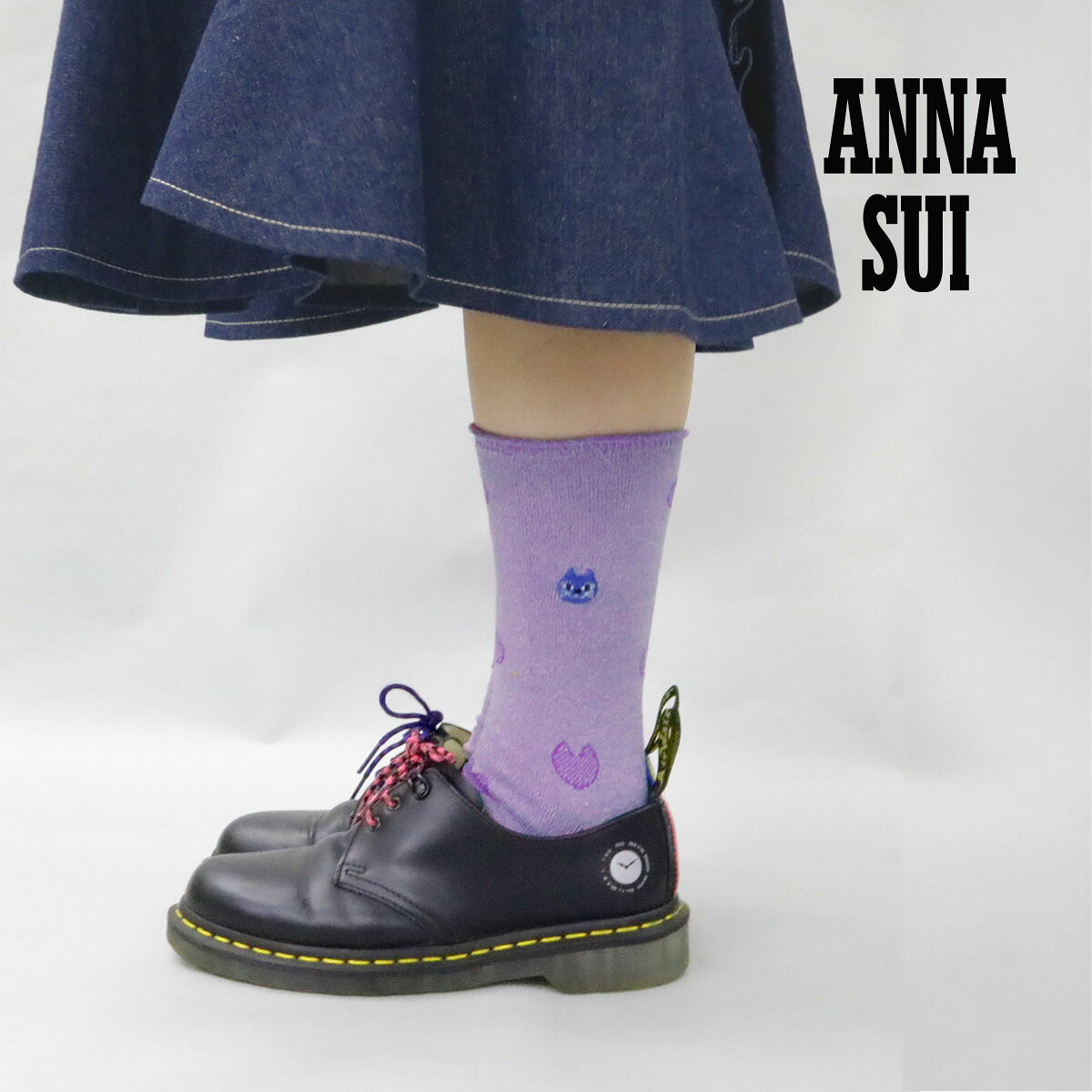 ANNA SUI(アナスイ) 靴下 ネコ総柄 ティティ 刺しゅう クルー丈 日本製 (3136-409)