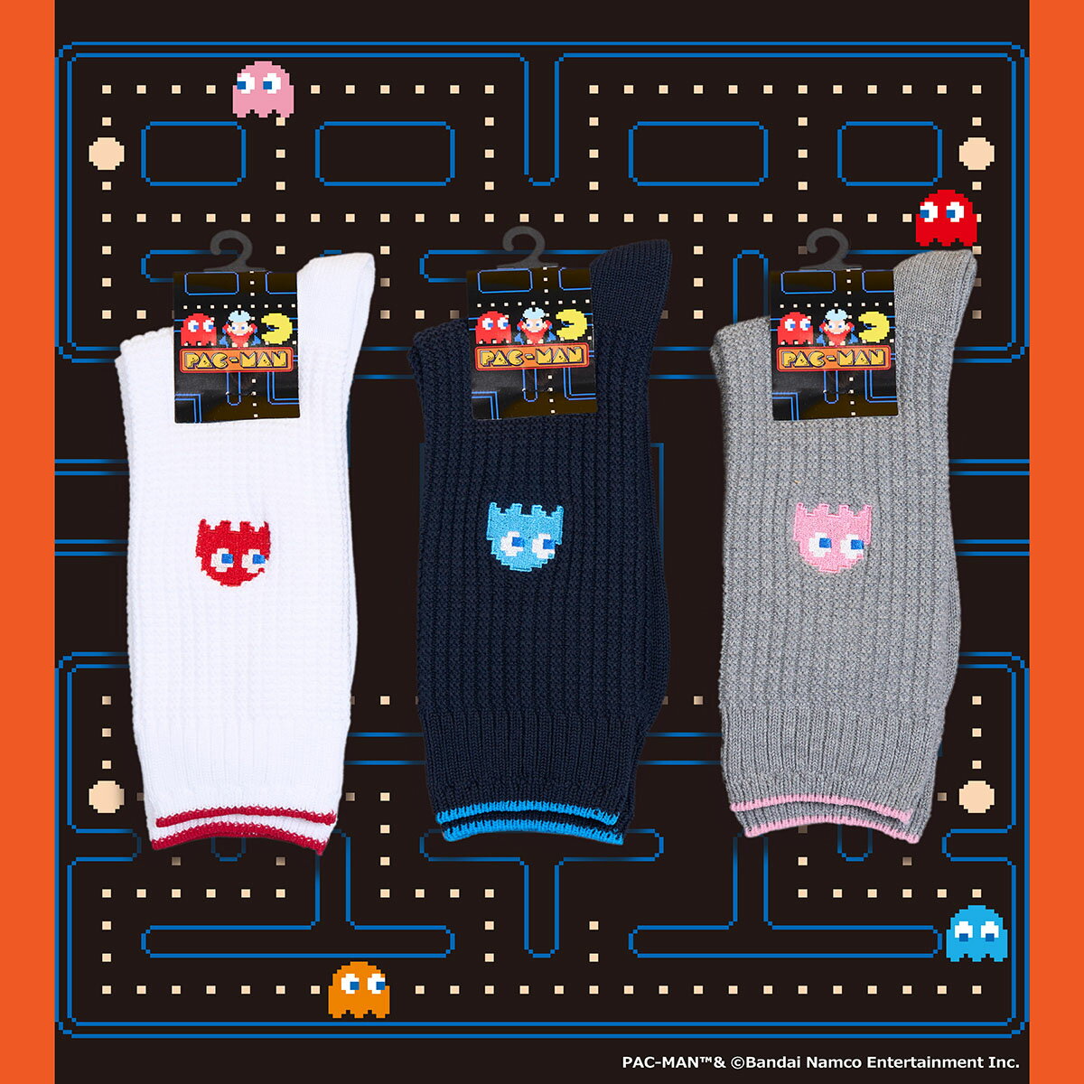 乐天商城 - PAC MAN(パックマン) 靴下 ゴースト柄 刺しゅうワンポイント クルー丈 ワッフル風 (2F105)