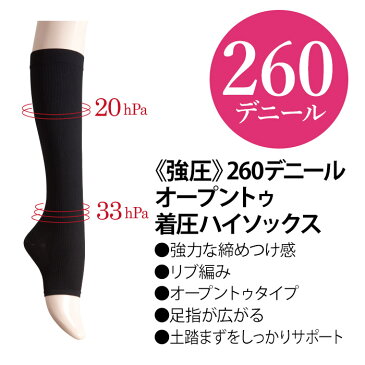 【SUPER SUPPORT スーパーサポート 《強圧》 260デニール オープントゥ 着圧ハイソックス】日本製 着圧ソックス 脚やせ ほっそり むくみ 在宅 テレワーク 丈夫 引き締め レディース 福助 フクスケ