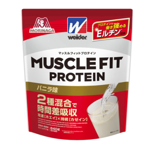当店では9時、14時または16時の時点でご注文の処理を進めております。 8時半、13時半、15時半頃以降のご注文については、購入履歴からの ご注文キャンセル、修正を受け付けることができない場合がございます。ウイダー マッスルフィット プロテイン バニラ味 840g C6JMM51100 ホエイ カゼイン Eルチン■　特徴●理想の筋肉を目指す ●おすすめの摂取タイミング 運動後 就寝前 ●お召し上がり方 200mlの水・牛乳などに付属スプーン山盛り3杯（約30g）を溶かし飲用ください ●商品特徴 ホエイプロテインだけより 「ホエイ＆カゼイン」で効果的な体作りを実現！ 【POINT1】 「ホエイ＋カゼイン」配合はマッスルフィットの大きな特徴 素早く吸収されるホエイプロテインと、ゆっくり吸収されるカゼインプロテインを配合！ 効果が長持ちし、時間差吸収でカラダづくりの効率アップ！ 「ホエイ」より「ホエイ＋カゼイン」で筋量が増加すると考えられている！ 週4回・10週間のトレーニングを行った結果、「ホエイ＋カゼイン」を摂取していたグループは他のグループに比べ、除脂肪体重の増加量が大きいという研究結果が発表されています。 【POINT2】 就寝前にはカゼインが必要？！ 就寝中は成長ホルモンが活発化し、最も筋肉の成長が促進するタイミングです。 ゆっくり吸収される「カゼイン」配合のプロテインを就寝前に摂取することにより、 就寝し始めから持続的にタンパク質を摂取でき効率的なカラダづくりにつながります。 多くの栄養・運動指導者も就寝前にはカゼインプロテインの摂取が必要だと考えている 栄養・運動指導者にアンケートを行った結果、多くの指導者が就寝前のカゼインプロテインの摂取は重要だと回答しました。 【POINT3】 効率的なカラダづくりのためにEルチンを配合 Eルチン（酵素処理ルチン）はタンパク質と同時に摂取する事で、より効率的なカラダづくりに役立ちます。 【POINT4】 カラダづくりに必要な栄養素を配合 カラダづくりに必要なカルシウム、鉄の他タンパク質の働きに必要なビタミンB群（7種）の他、運動で消費されたカラダのメンテナンスに役立つグルタミンを添加。 ●森永製菓のトレーナー・栄養士から ホエイだけでなくカゼインを含むため、血中アミノ酸濃度を高く保つ効果が期待でき、運動後や就寝前に飲むことをオススメしています。また、Eルチンも配合しているので効率良く筋肉量が増やせます。 ●内容量／840g（袋） ●原材料／ホエイたんぱく(乳成分を含む)、カゼインカルシウム、食用油脂、カラメルパウダー、ぶどう糖、炭酸Ca、乳化剤、香料、酵素処理ルチン、甘味料(アスパルテーム・L-フェニルアラニン化合物、スクラロース)、グルタミン、ピロリン酸鉄、ナイアシン、パントテン酸Ca、V.B6、V.B2、V.B1、葉酸、V.B12 ●風味／バニラ味 ■　【ご注意】必ずお読みください※ブラウザやお使いのモニター環境により、掲載画像と実際の商品の色味が若干異なる場合があります。 掲載の価格・デザイン・仕様について、予告なく変更することがあります。あらかじめご了承ください。 こちらはメーカーお取り寄せ商品となります。入荷までお時間を頂戴いたしますので、予めご了承下さい。 万が一、メーカー欠品の場合はキャンセルとさせていただく場合がございますので、あらかじめご了承ください。 メーカーのリニューアルに伴い、パッケージの仕様が予告なく変更となる場合がございます。あらかじめご了承ください。■　検索ワードウィダー weider 森永製菓 プロテイン マッスルフィット プロテイン ホエイ カゼイン Eルチン たんぱく質 グルタミン 筋肉当店では9時、14時または16時の時点でご注文の処理を進めております。 8時半、13時半、15時半頃以降のご注文については、購入履歴からの ご注文キャンセル、修正を受け付けることができない場合がございます。