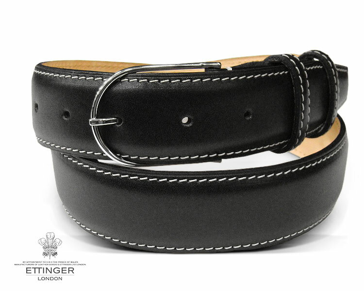 エッティンガー ビジネスベルト メンズ [ETTINGER社公認正規販売店]ETTINGER / エッティンガーET57/BK ■●SLIM BUCKLE BELT オフホワイトステッチ ( 幅広タイプ ) ブラック ( ダブルループ )