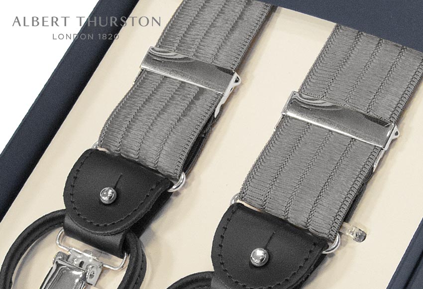 Suspenders - ■【日本正規輸入代理店商品】[ ALBERT THURSTON / アルバートサーストン サスペンダー ] 帯幅35mm / サスペンダー ( シルバーグレーのストライプ織り柄 ) ALM-53( メンズ ) 【楽ギフ_包装】【あす楽対応】