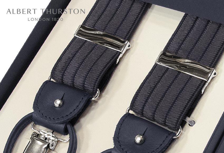 Suspenders - ■【日本正規輸入代理店商品】[ ALBERT THURSTON / アルバートサーストン サスペンダー ] 帯幅35mm / サスペンダー ( ダークネイビーのストライプ織り柄 ) ALM-54( メンズ ) 【楽ギフ_包装】【あす楽対応】