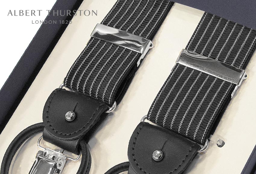 Suspenders - ■【日本正規輸入代理店商品】[ ALBERT THURSTON / アルバートサーストン サスペンダー ] 帯幅35mm / サスペンダー ( ブラック地にホワイトのストライプ柄 ) ALS-89( メンズ )