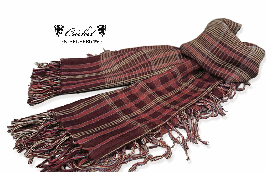 ★ CRICKET / クリケット WOOL ストールマフラー (ワイン系地にコーラルピンク系×サッ