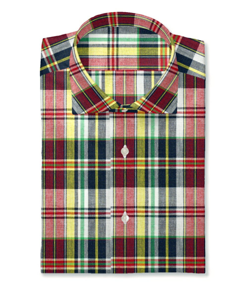 オリジナルオーダーシャツ●FM12915［Indian Madras］インド マドラスチェックレッド×ネイビー×グリーン系マドラスチェック 40番手単糸x30番手単糸 100%Cotton Made in India