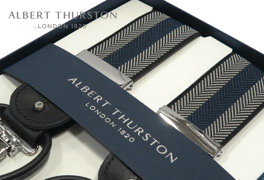 【日本正規輸入代理店商品】[ ALBERT THURSTON / アルバートサーストン サスペンダー ] 帯幅35mm / サスペンダー ( ブラック地にブルー×オフホワイトのヘリンボーン織りストライプ柄 ) ALS-85( メンズ )