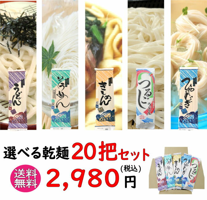 5種（うどん/きしめん/つるごしうどん/そうめん/ひやむぎ）から選べる乾麺1把250g×20把セット ギフト お試し 大容量 …