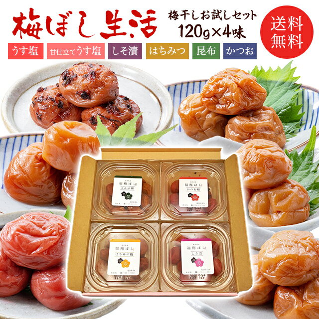 送料無料 　梅干し生活　選べる組合せ　福梅ぼし梅干し食べ比べセット各120gx4味 うす塩 無添加しそ漬 はちみつ 昆布…