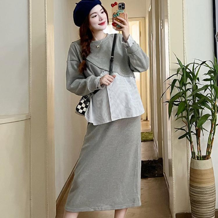 プルオーバー スカート セットアップ マタニティ 春秋 カットソーセットアップ風ワンピース 産後 授乳服 オフィス 通勤 お出かけ 長袖 カジュアル おしゃれ 大人 トップス スカート 授乳 オフィス お宮参り 長袖 通勤 膝丈 膝下 上下セット M L XL 2XL 送料無料