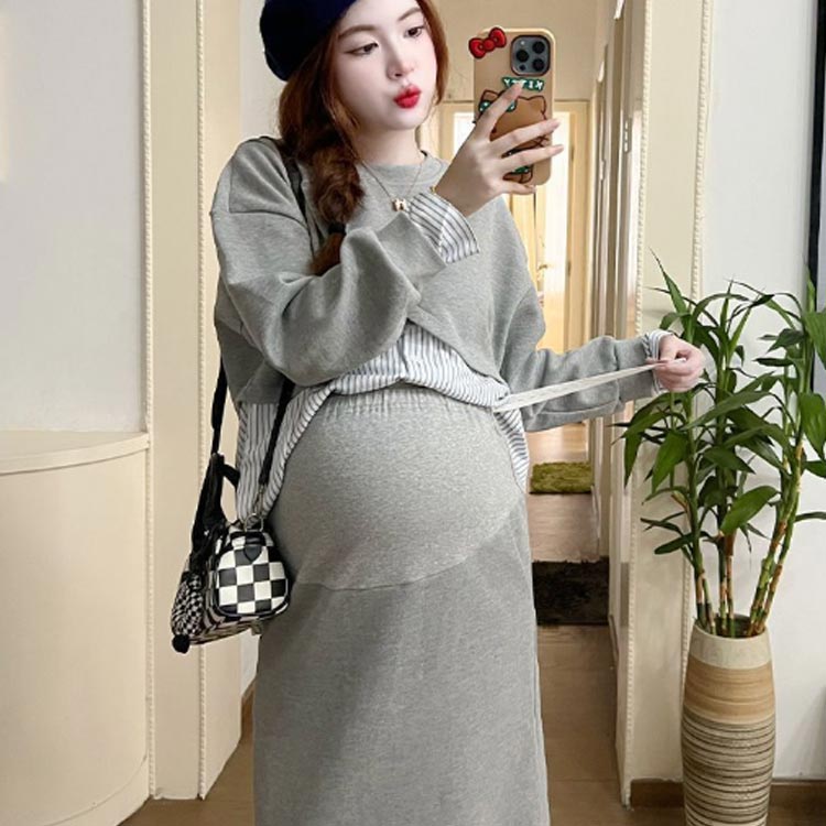 プルオーバー スカート セットアップ マタニティ 春秋 カットソーセットアップ風ワンピース 産後 授乳服 オフィス 通勤 お出かけ 長袖 カジュアル おしゃれ 大人 トップス スカート 授乳 オフィス お宮参り 長袖 通勤 膝丈 膝下 上下セット M L XL 2XL 送料無料
