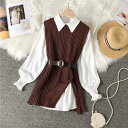 レディース ニットシャツ 2点セット ニットベスト 春秋冬 レイヤード シャツ ニット セットアップ 白シャツ 長袖 ブラウス トップス ノースリーブ ベスト ...
