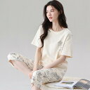 パジャマ レディース 婦人 半袖 Tシャツ 七分丈 ひざ下 パンツ オフホワイト うさぎ シンプル ホームウェア ナイトウェア ゆったり コットン M 2XL ...