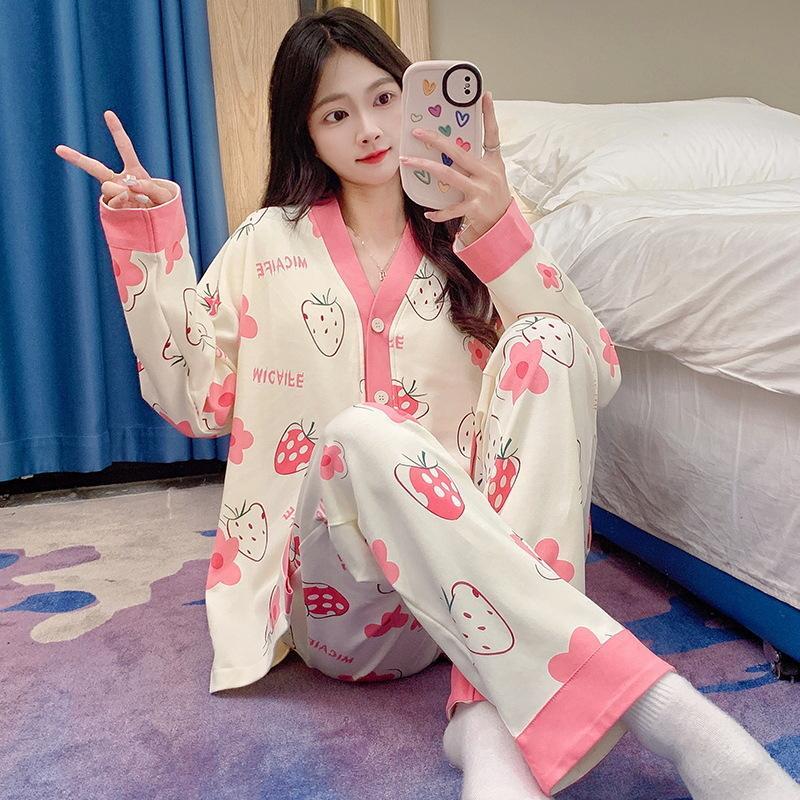 パジャマ レディース 長袖 前開き 胸パッド付き パジャマ 綿 上下セット ホームウェア ルームウェア 部屋着 寝間着 春 秋 旅行 お泊り 入院 長ズボン 可愛い