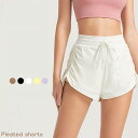 スポーツウェア レディース ショートパンツ 夏 フェイクツーピース サイド プリーツ リボン 紐 スポーツショーツ 女性 フィットネス 速乾 ヨガパンツ 透け防止