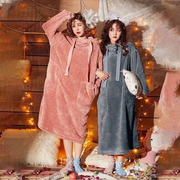 フード付きパジャマ レディース ワンピース ルームウェア 秋冬 ロングワンピース パジャマワンピース フード付き 長袖 丸襟 ふわふわ ゆったり 寝