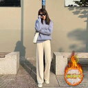 ワイドパンツ リブ ニット ボトムス レディース パンツ 裏起毛 ウエストゴム ハイウエスト 着痩せ 体型カバー 秋冬用 ゆったり 暖かい カジュアル 人気