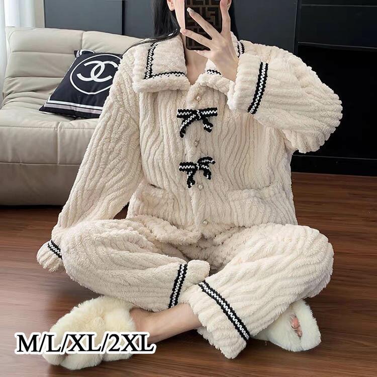 パジャマ レディース ルームウェア 冬 ふわふわ 寒さ対策 あったか リボン 大人可愛い 厚地 長袖 長ズ..