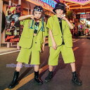 キッズダンス衣装 スーツセット ジャケット 緑 キッズフォーマル ヒップホップ 無地 半袖コート パンツ ジャズダンス 韓国 演出服 応援団 練習着 HIPHO...