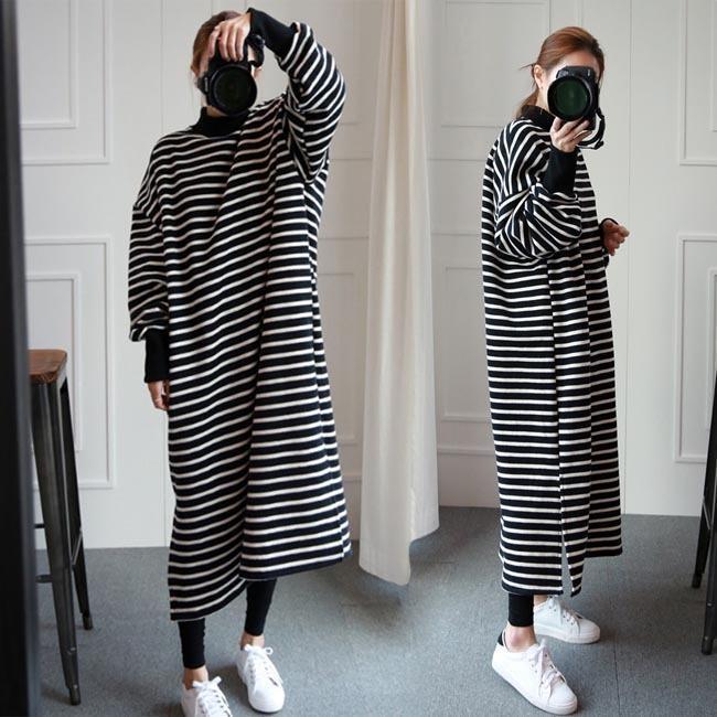 春 ロングワンピ ボーダー柄 レディース スウェットワンピ ロング丈 体型カバー スウェット ワンピース ゆったり マキシ丈ワンピース 秋