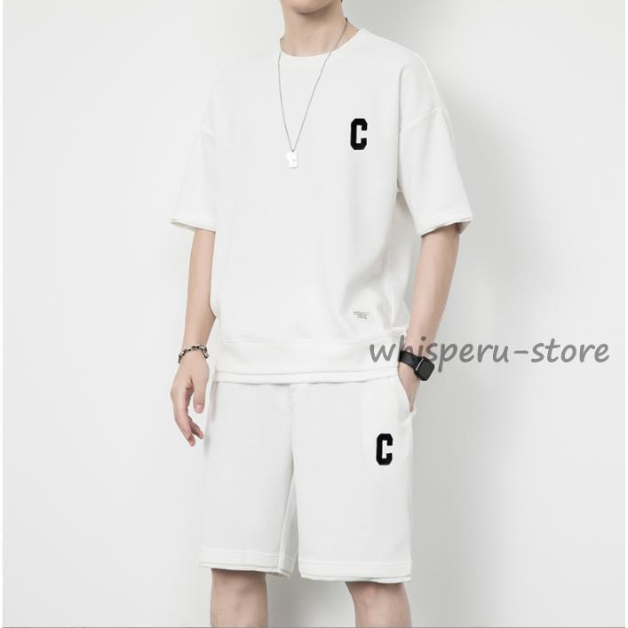セットアップ メンズ 半袖 ワッフル 夏 上下セット Tシャツ ハーフパンツ ゆったり 韓国 ファッション ビッグTシャツ 上下 ショートパンツ