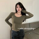 tシャツ Tシャツ レディース カットソー 着痩せ 長袖 スリム ストレッチ Uネック トップス ショート丈 ins 細身 10代20代30代40代 美ライン ...