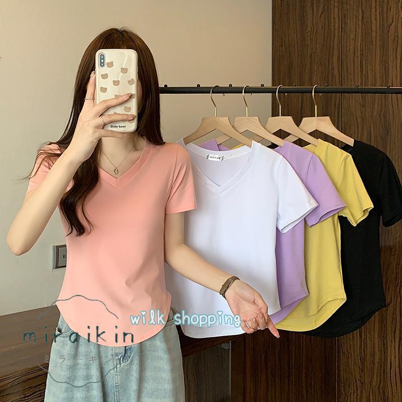 tシャツ Tシャツ 1枚でゆるかわ 無地半袖Tシャツ レディース 夏 旅行 トップス vネック シンプル 日常 お出かけ おしゃれ 可愛い 着心地 上質感 上品(4)
