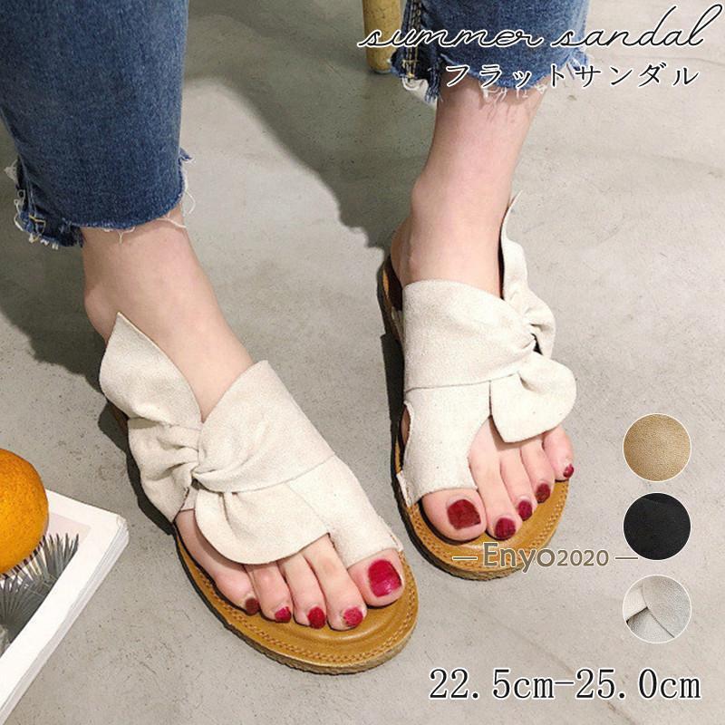 サンダル レディース フラット トングサンダル ぺたんこ リボン スエード ビーチサンダル スリッパ 軽量 おしゃれ 可愛い 歩きやすい