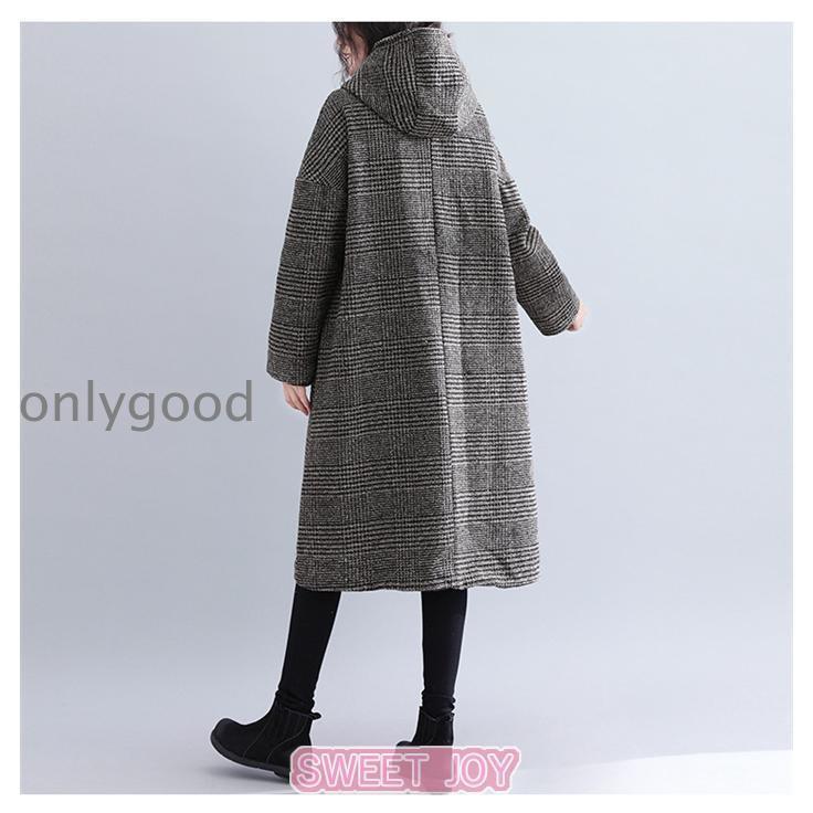 ゆったりシルエット フーデットコート レディース グレンチェック フードコート フード付き コクーンシルエット ロングコート チェック アウター 秋冬