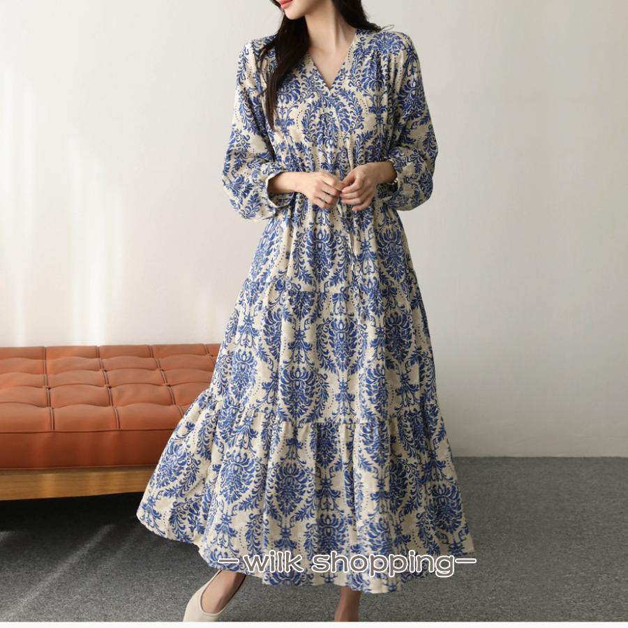 ワンピース レディース 秋服 長袖40代 上品50代 ロングワンピース 春秋 お呼ばれワンピース Vネック 花柄ワンピース プリント ティアードワンピース リボン