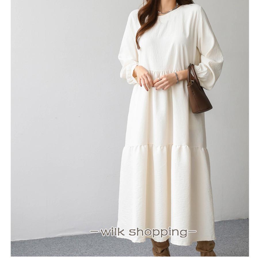 ワンピース レディース 秋服 長袖40代 上品50代 ロングワンピース ティアードワンピース ポケット エレガント大人 オフィス 丸首 春秋冬 お呼ばれワンピース