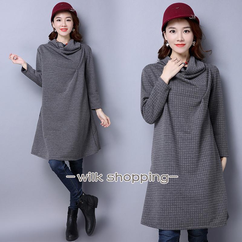 ワンピース50代 秋服 レディース ハイネック 長袖ワンピース 体型カバー 40代60代 aラインワンピース 膝丈ワンピース ミディアム丈 無地 プルオーバー 春秋冬