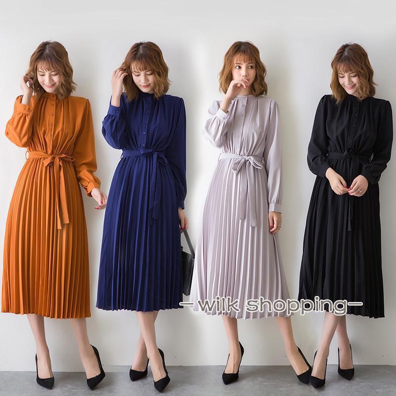 ワンピース 春 秋服 きれいめ レディース フォーマル 長袖 シャツ 秋物 Aライン ロング丈 二次会 通勤 OL 40代 着痩せ フェミニン 上品 お出かけ