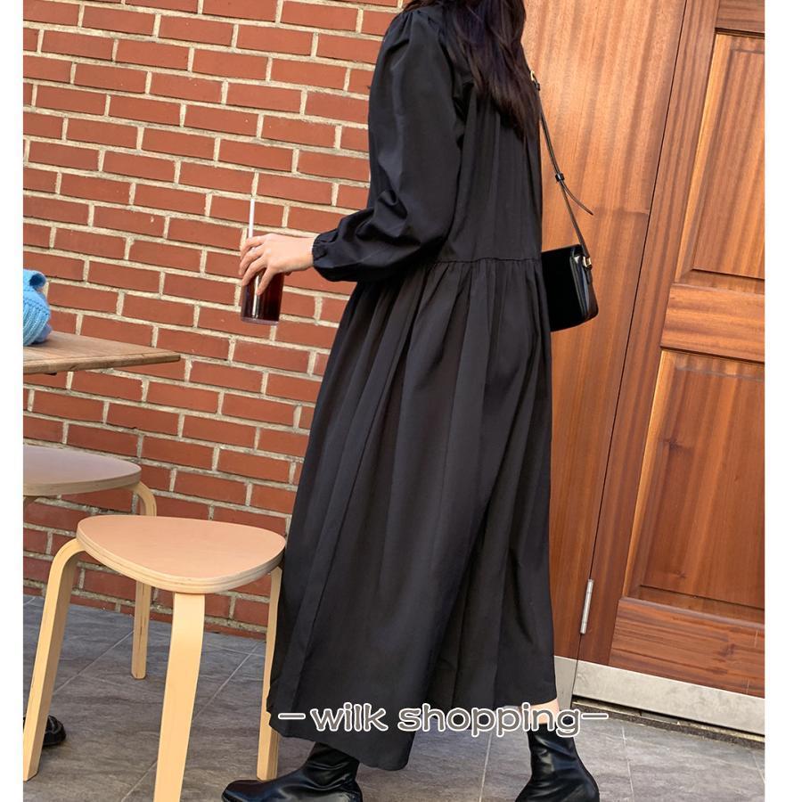 ワンピース レディース 秋服 長袖40代 上品50代 ロングワンピース ギャザーワンピース ファスナー エレガント大人 オフィス 丸首 春秋 お呼ばれワンピース 黒