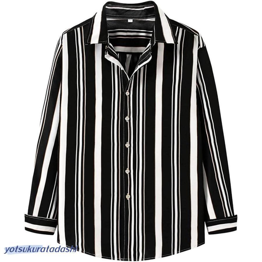 メンズ 長袖 シャツ カジュアル シャツ ストライプ プリント 開襟 ボタン Vネック カーディガン 薄手 ..
