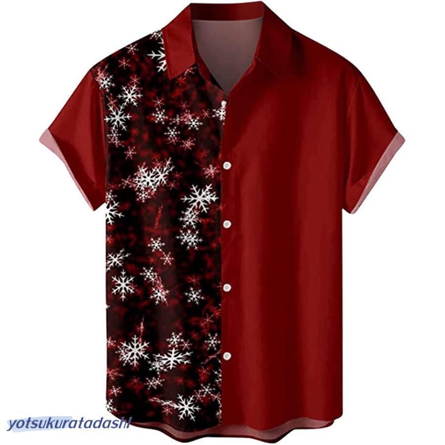 メンズ クリスマス サンタ ギフト 3D デジタル プリント ボタン ラペル 半袖シャツ Tシャツ 柄シャツ