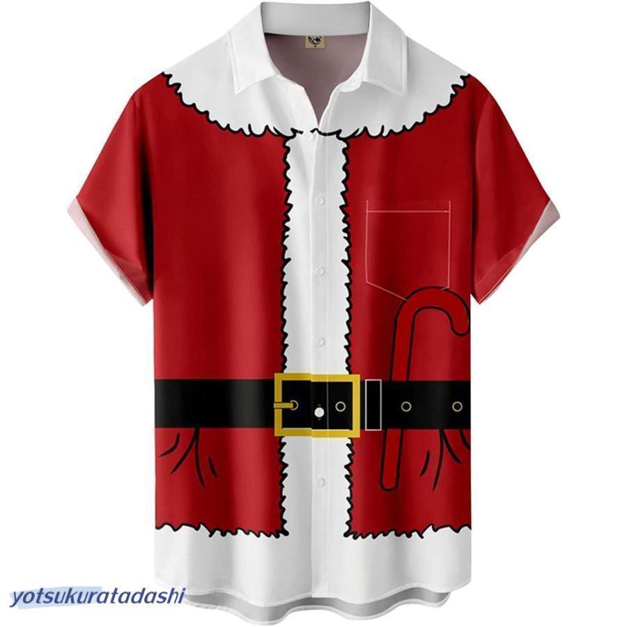 メンズ ファッション クリスマス サンタ ギフト 3D デジタル プリント ボタン ラペル 半袖 シャツ Tシ..